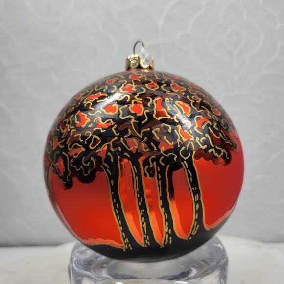 Vtg Poland Halloween Tree Ornament Orange Black Hand Painted Moon Trees Signed - Picture 2 of 16